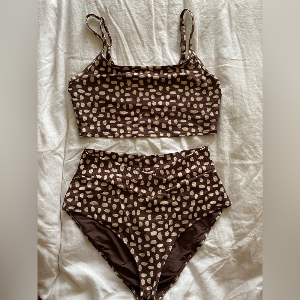 brown/cream textured polka dot bathing suit